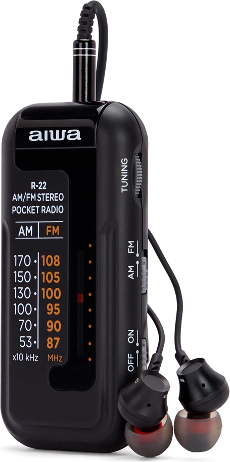 Radio portativ xhepi AM/FM Aiwa R-22 HyperBASS me kufje, i zi, set me bateri AAA