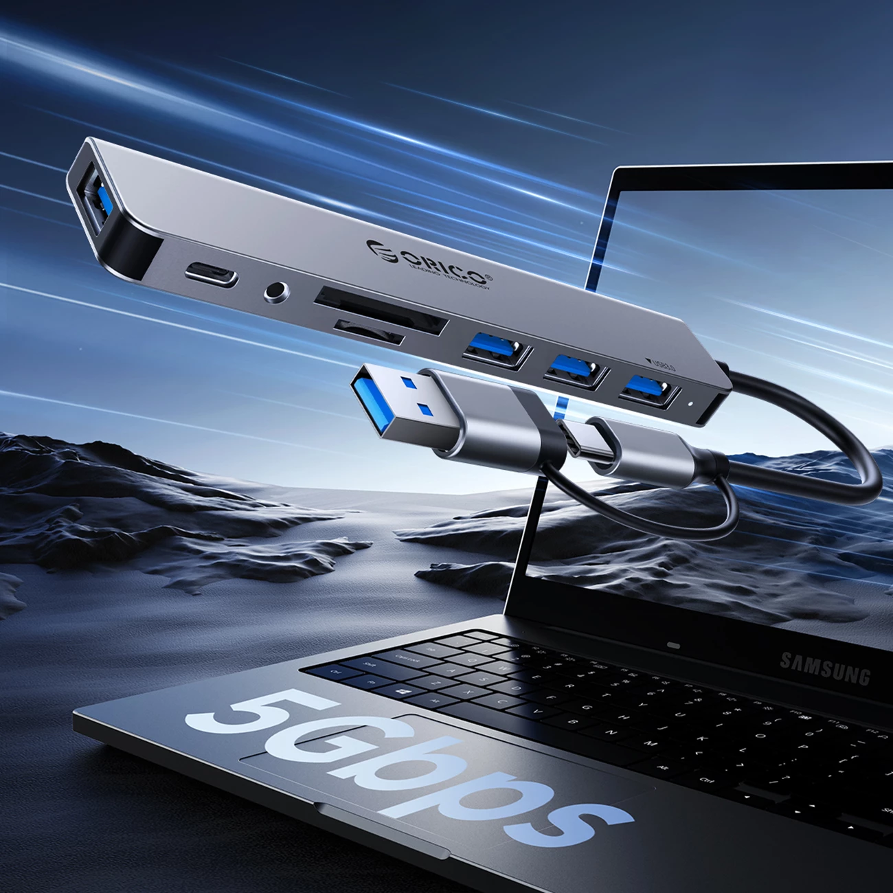 Kasë Orico YSA5-U3, 4 porta USB (3x USB-A 2.0, 1x USB-A 3.0), kabllo 2-në-1 USB-C/USB-A, Gri