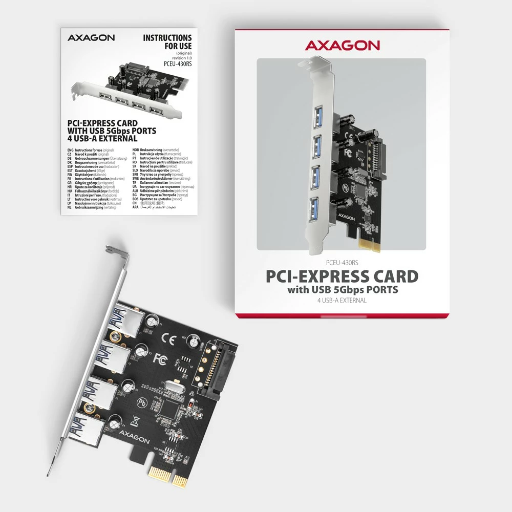 Kasë zgjerimi AXAGON PCEU-430RS, 4x USB 3.2 Gen 1, Renesas, PCIe, SATA Power