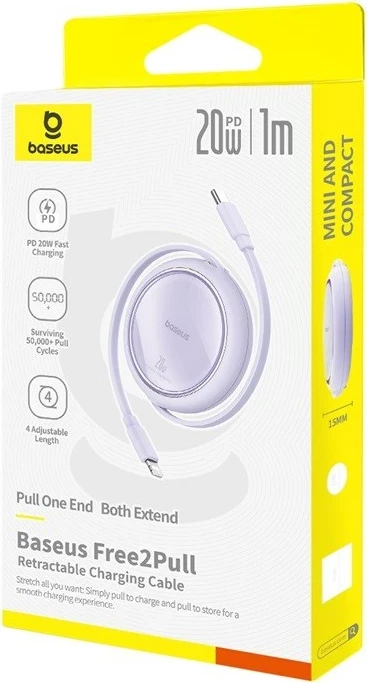 Kabllo karikimi Baseus Free2Pull, USB C në Lightning, 1 m, 20 W, Vjollcë