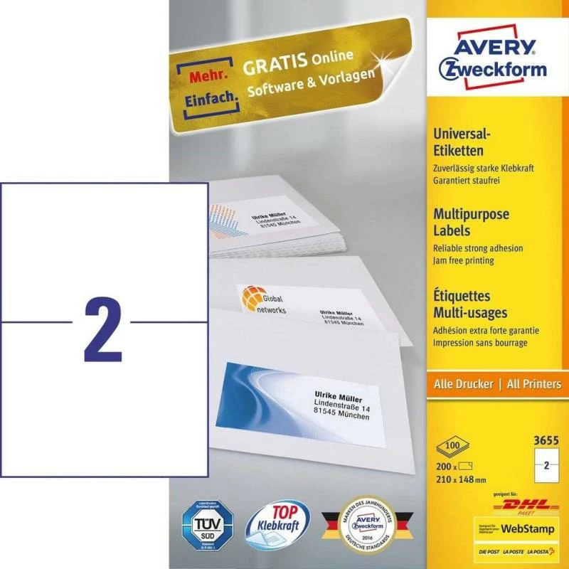 Etiketa, Avery Zweckform, 3655, A4 210 x 148 mm, për printerë inkjet/laser dhe kopjues, ngjitje e përhershme, e bardhë, set 100 fletë
