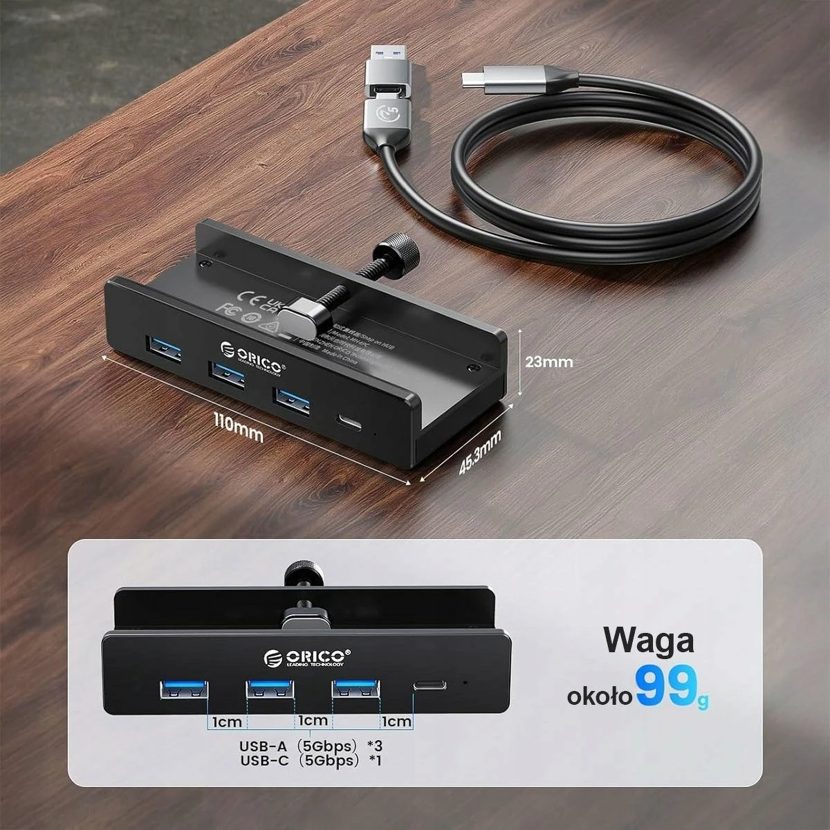 Hub USB Orico MH4PC-10-BK-BP 1x USB-C + 3x USB-A USB 3.2 Gen1 5Gbps, i zi