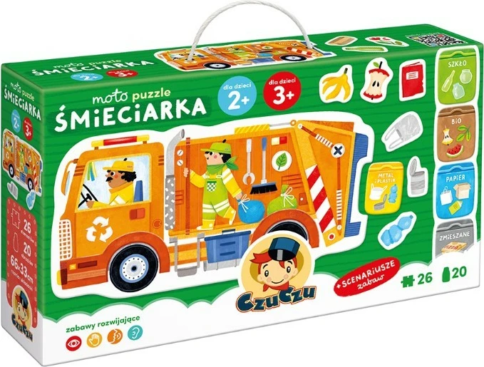 Puzzle edukativ CzuCzu Moto Garbage Truck, 26 pjesë, për fëmijë, portokalli