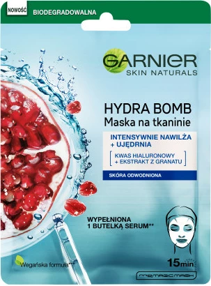 Maskë pëlhure për fytyrë Garnier Hydra Bomb për femra, 28g