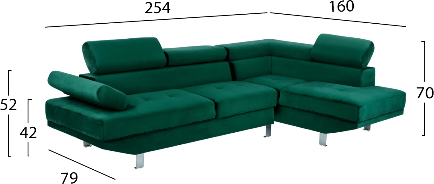 Divan këndor FAITH, ngjyrë pylli, kadife, FH3156.01, 254x79-160x70-84 cm