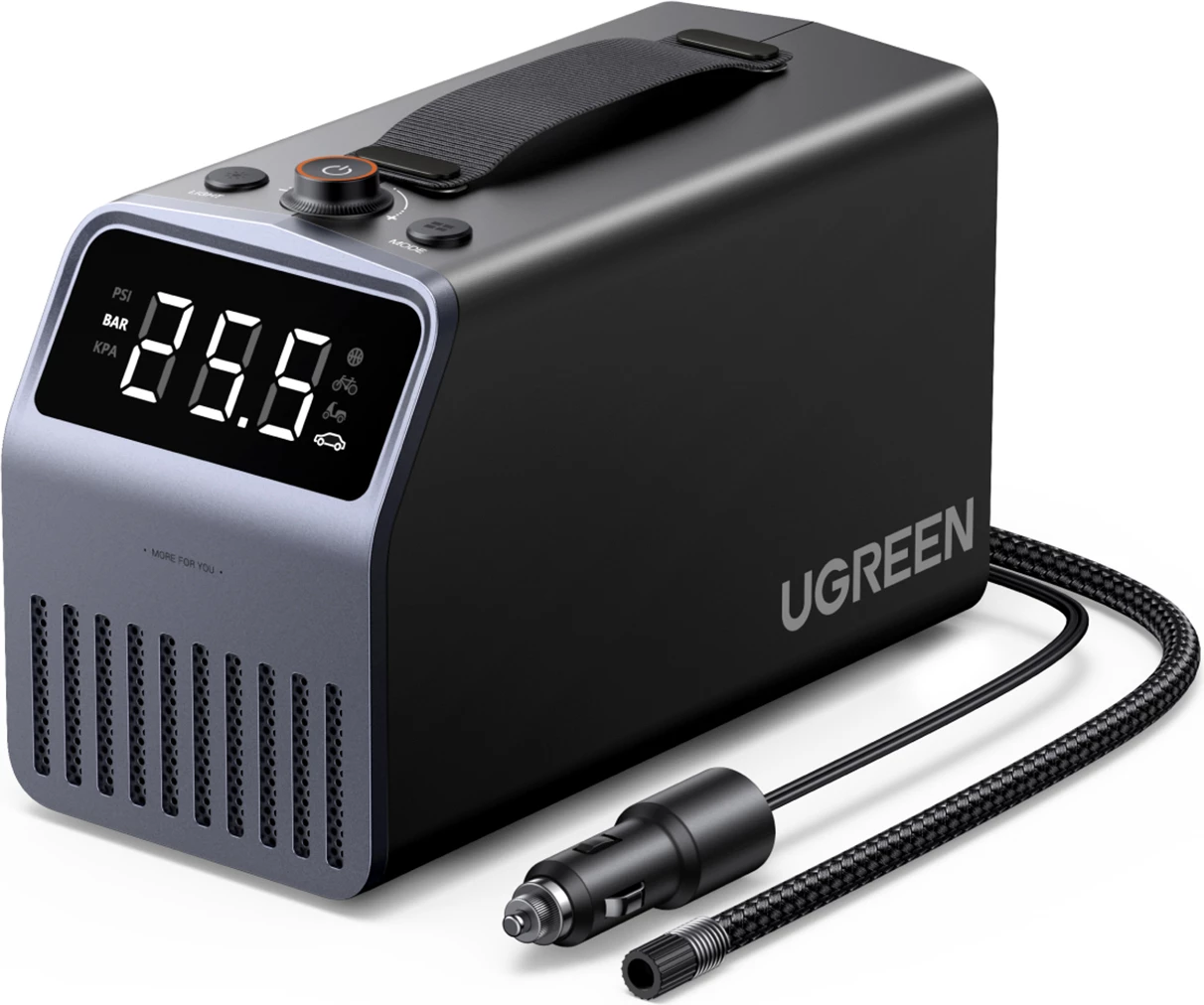 Pompë elektrike për goma Ugreen 12V 150 PSI, ekran digjital, 30 l/min, bateri 3×4500 mAh LiFePO4, gri