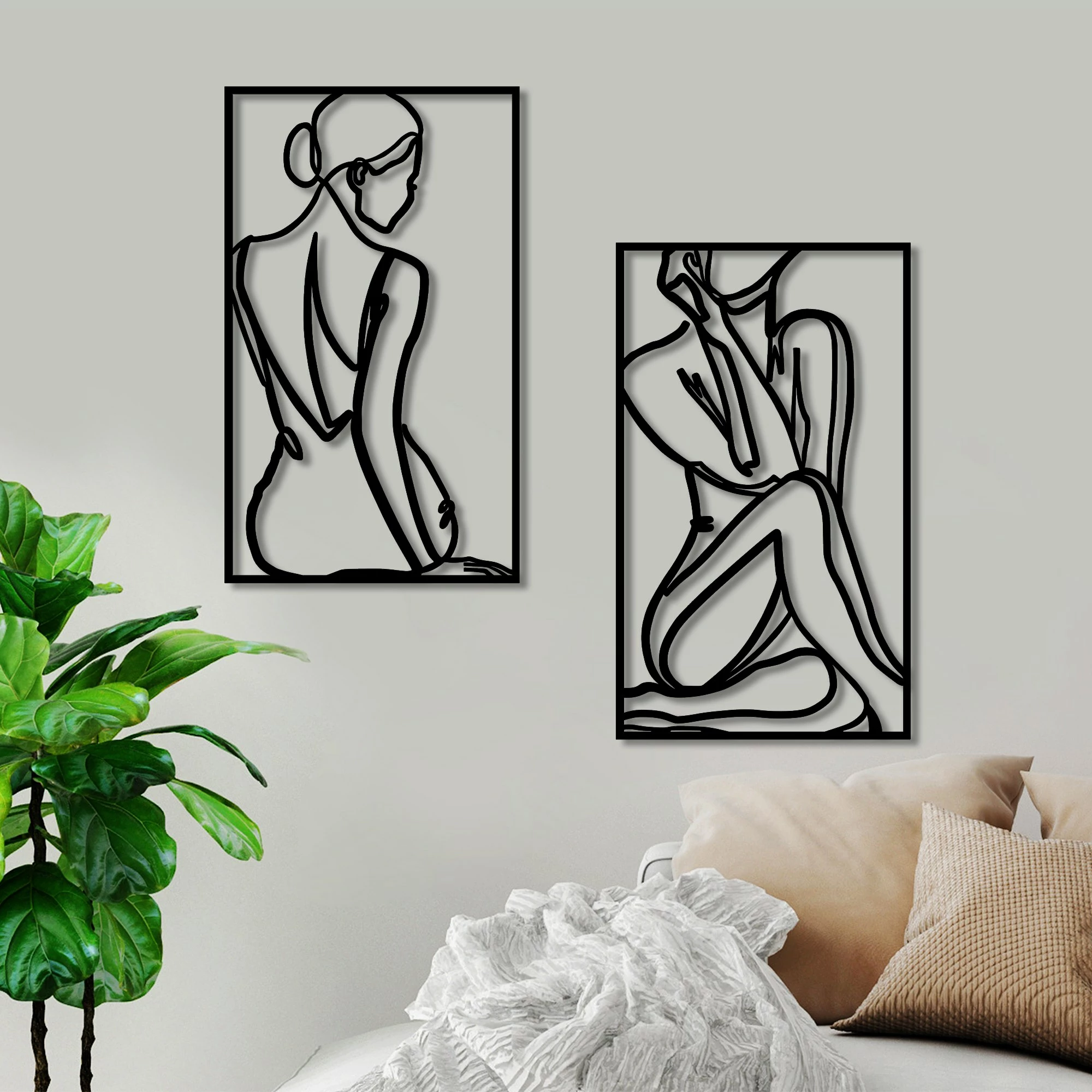 Aksesor dekorativ metalik për mur, trup femre minimalist, 2 copë