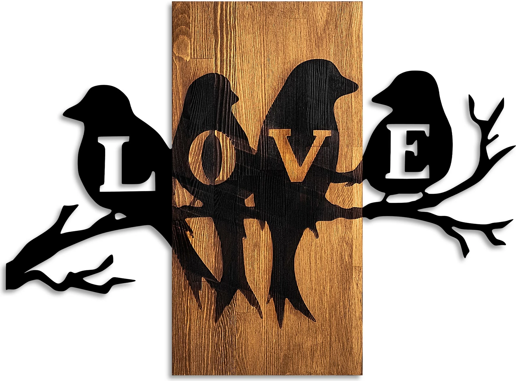 Aksesor dekorativ muri prej druri, zogj dashurie, ngjyrë arre dhe e zezë, 57x75cm