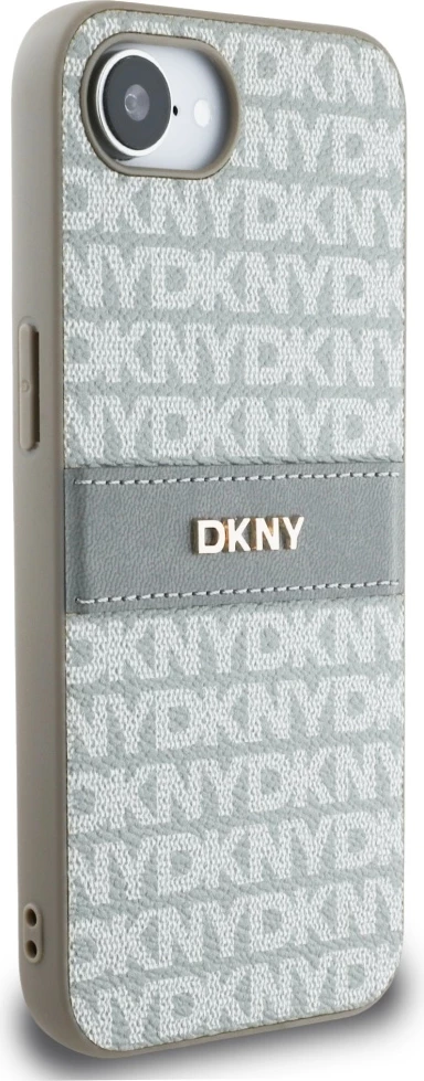 Mbështjellës DKNY Repeat Texture Pattern me shirit dhe logo metalike, për iPhone 16e, Bezhe