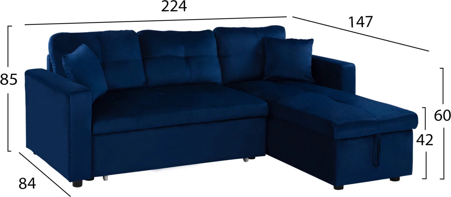 Divan qoshe që bëhet shtrat Wayne 224x147x85 FH3028.18 Kadife Blu