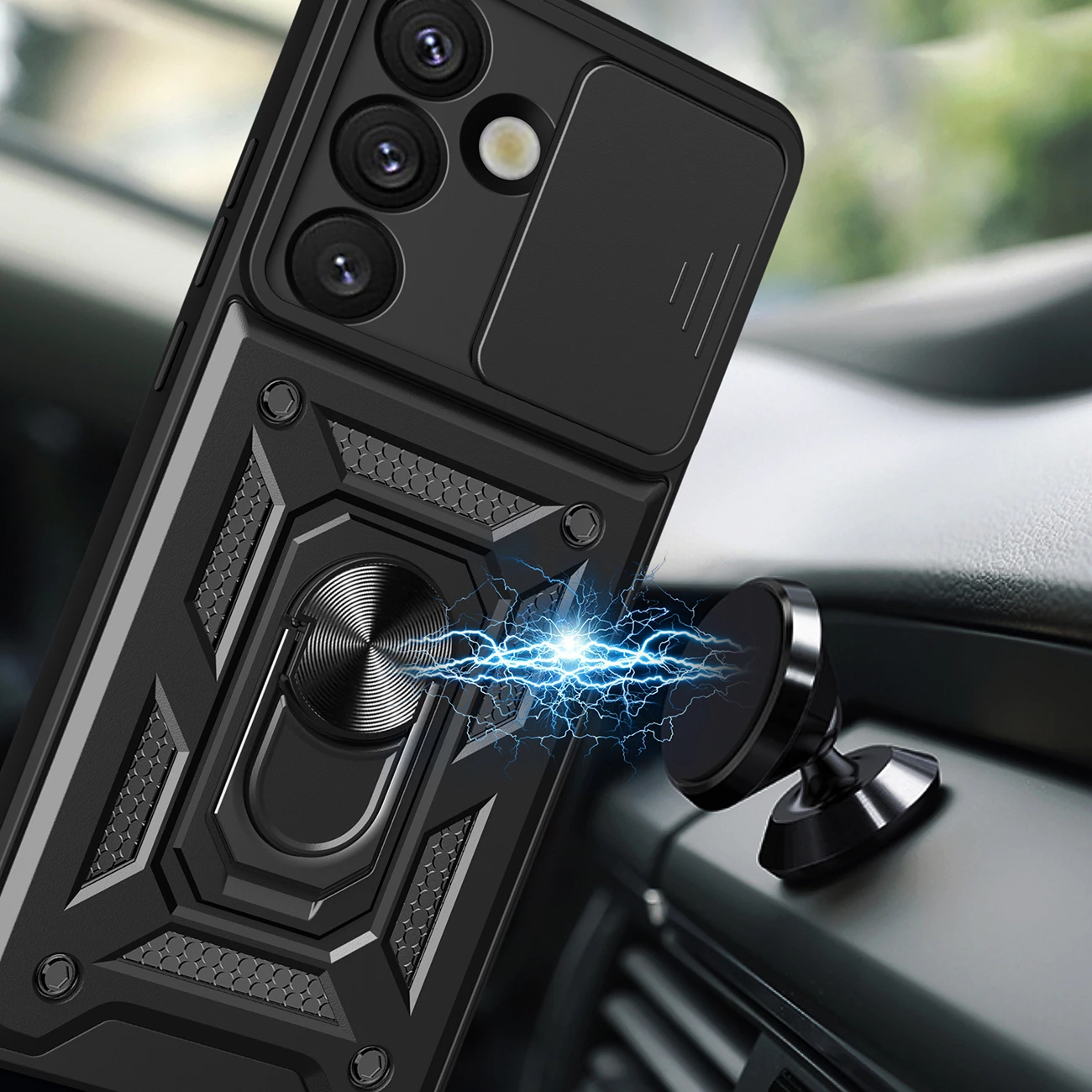 Mbështjellës Hurtel Hybrid Armor Camshield për Oppo F29 Pro 5G / A5 Pro 5G, i zi, me mbajtëse dhe kapak kamere