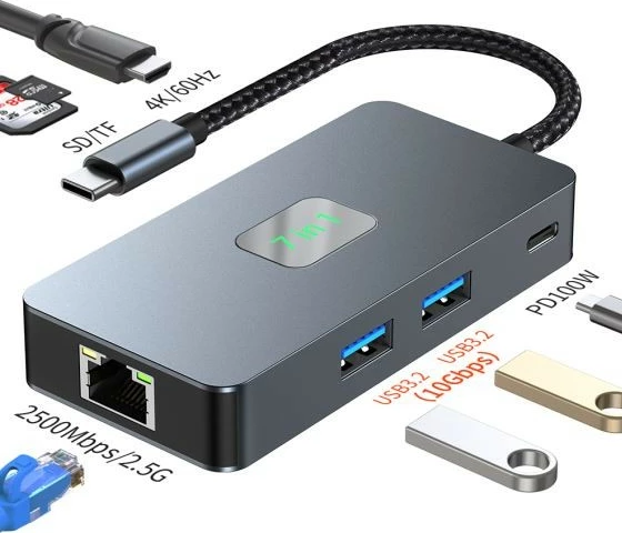 Adapter HUB USB C TB 7-në-1, HDMI, USB, SD/TF, RJ45, 2500 Mbps, PD, Grafit