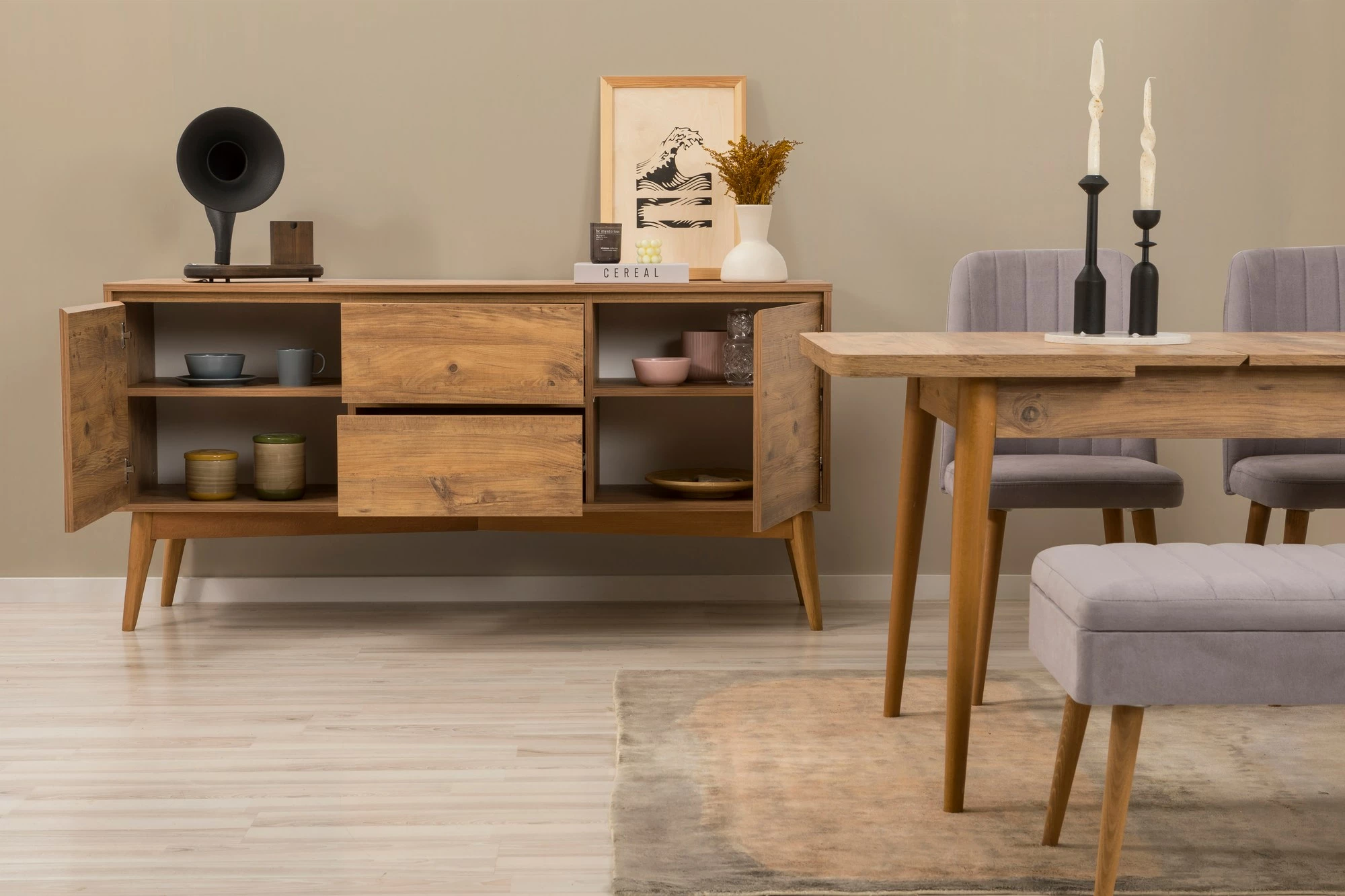 Set tavoline me karrige, konsolë dhe stol, ngjyrë Atlantic Pine, gri, 6 pjesë, Skye Decor, Vina Bench 04 0701