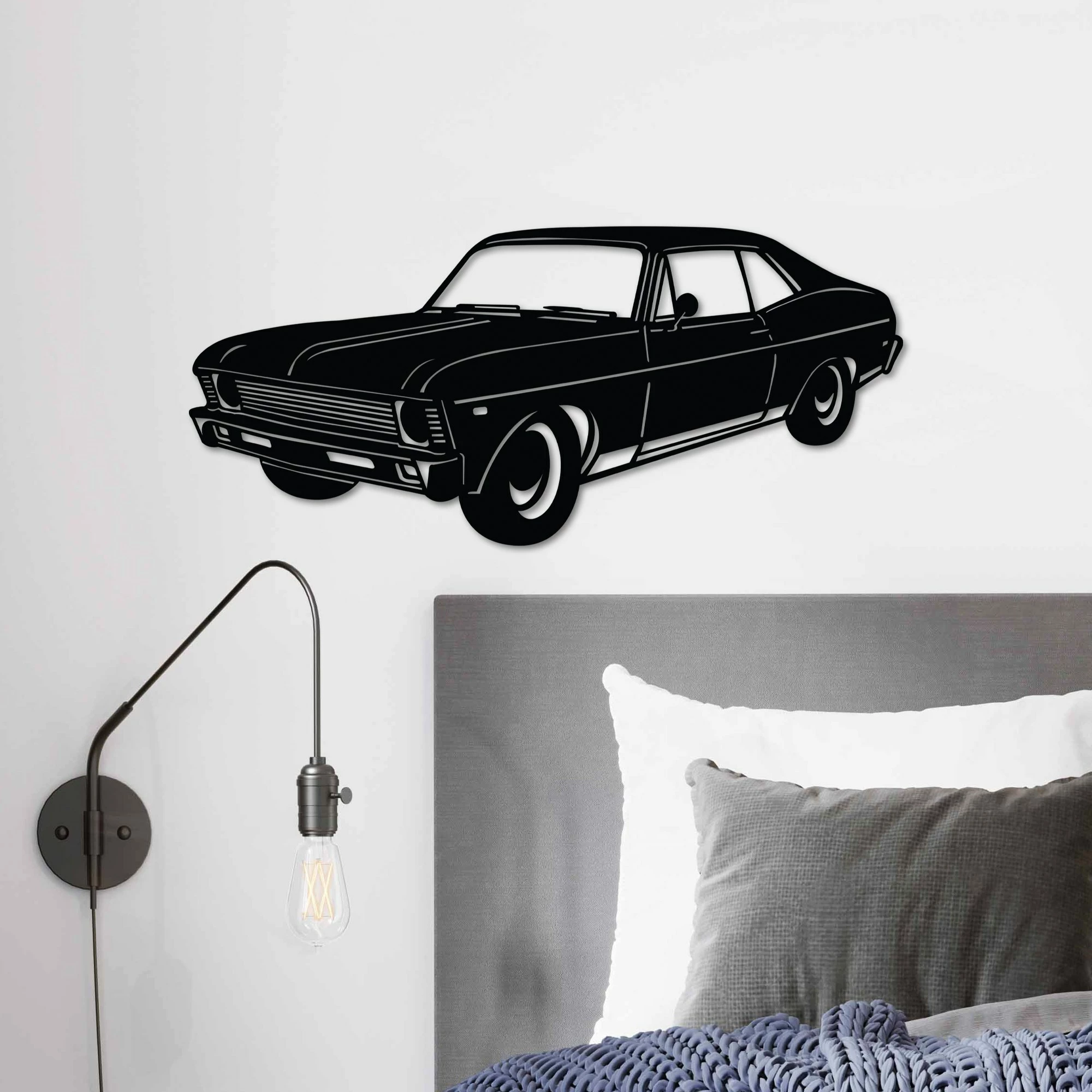 Aksesor dekorativ metalik për mur, Chevrolet Nova 1972, sedan klasik, ngjyrë e zezë, 60x27cm