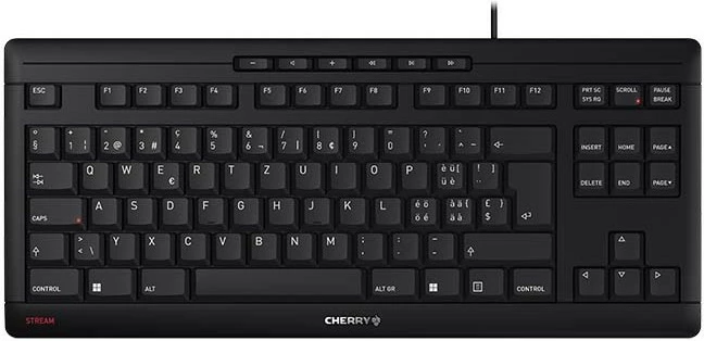 Tastierë Cherry STREAM TKL, me kabllo, USB, çelës gërshërë, QWERTZ, e zezë