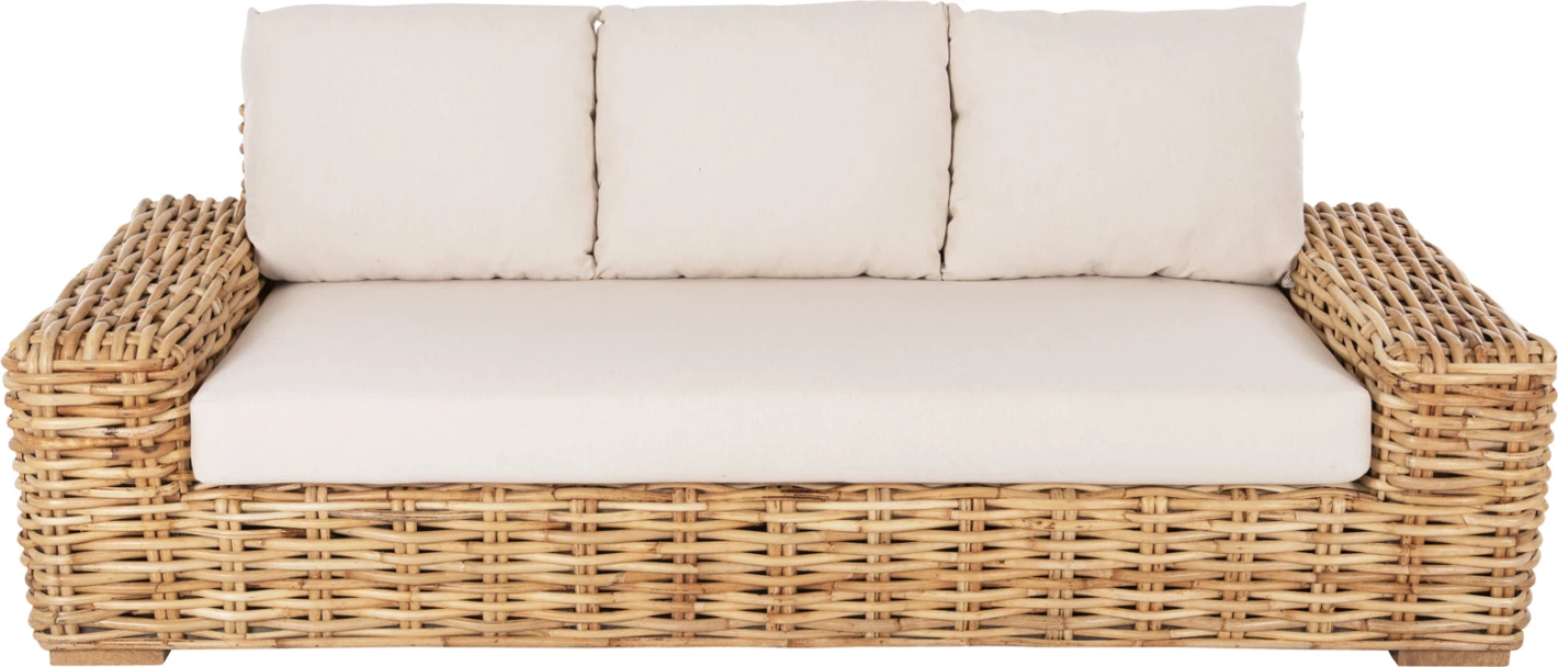 Divan për jashtë, 3 ulëse, dru mango-ratan, ngjyrë natyrale, jastëkë të bardhë, 216x88x70-85H cm