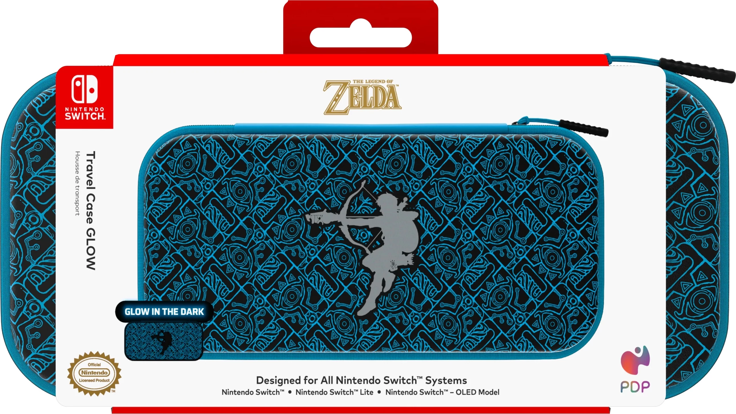Çantë mbrojtëse PDP Deluxe Bag Glow in the Dark Link për Nintendo Switch/Switch Lite/Switch OLED, e zezë-blu