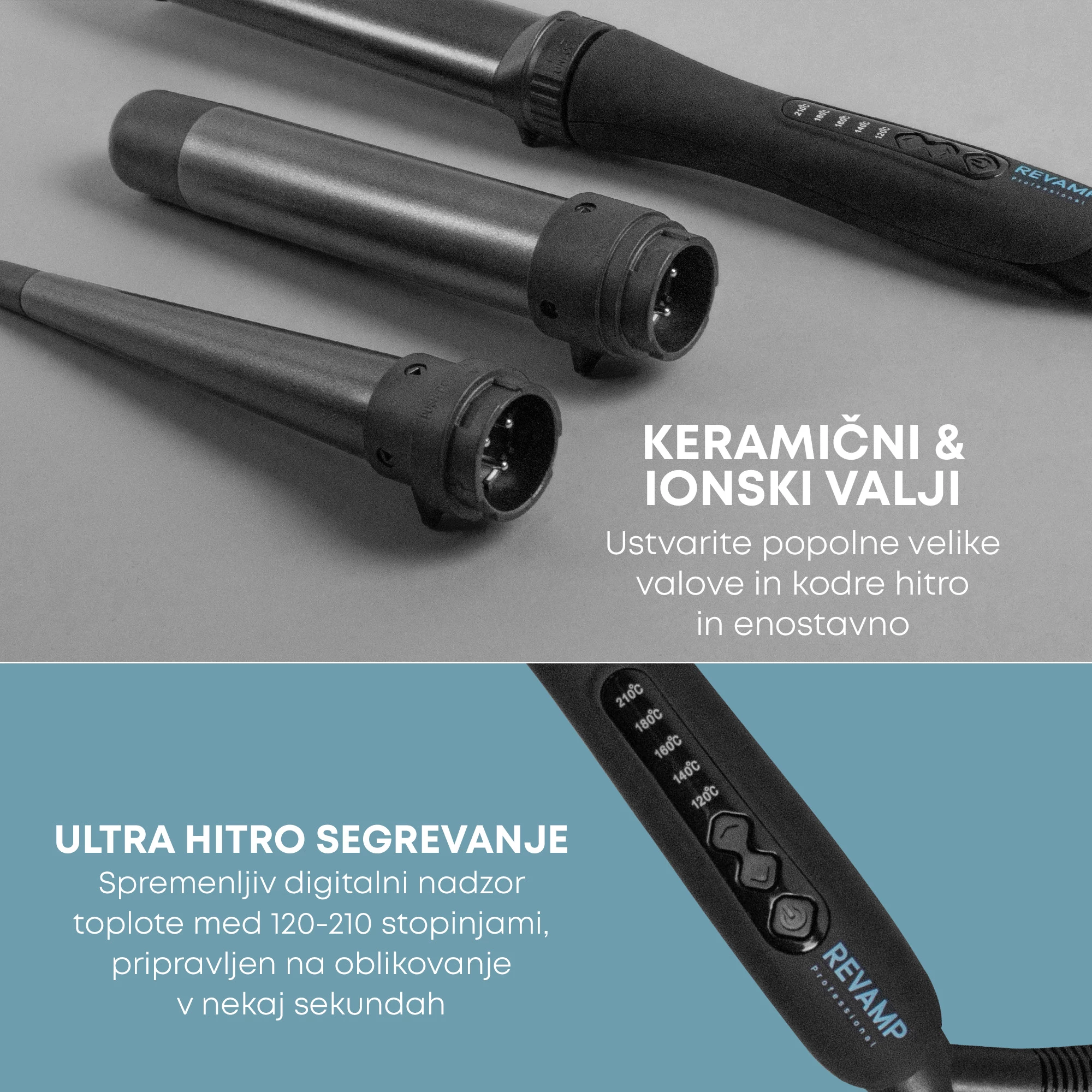 Hekur për kaçurrela Revamp Progloss Multiform WD-1500 3në1, 120–210°C, i zi/gri, set me 3 cilindra