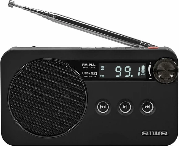 Radio portativ FM Aiwa RS-77PLL me RDS, PLL, USB-C, MP3 (MicroSD deri 64GB), 1.2W, set me kufje + çantë mbrojtëse, e zezë
