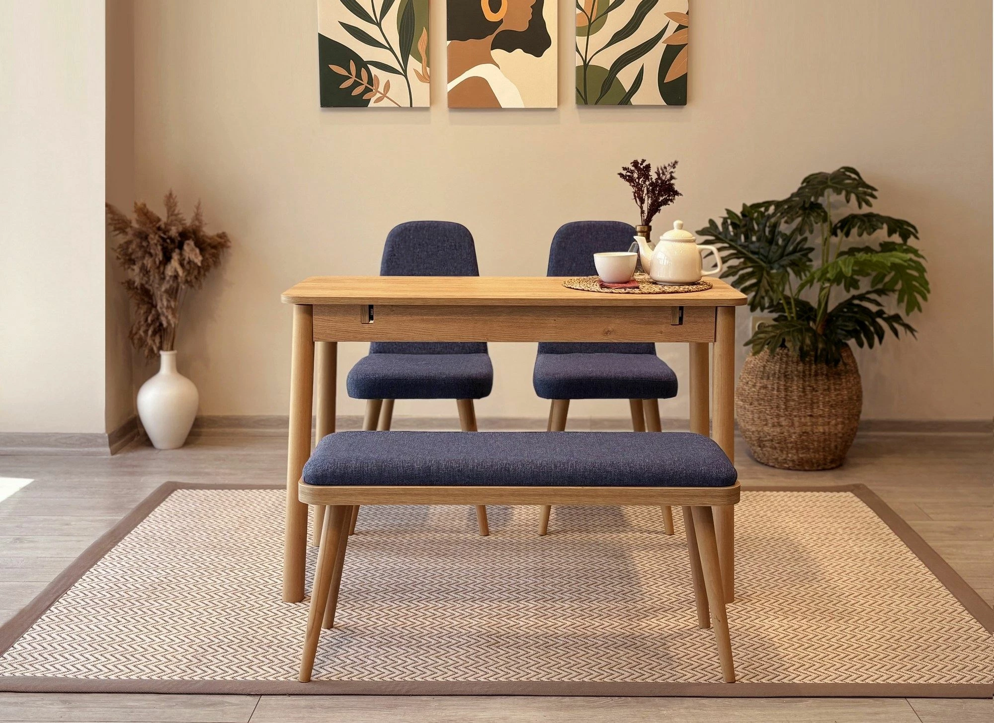 Tavolinë me karrige, zgjatshme, 4 pjesë, ngjyrë lis dhe kaltër e errët, Vina Mini 01 1048