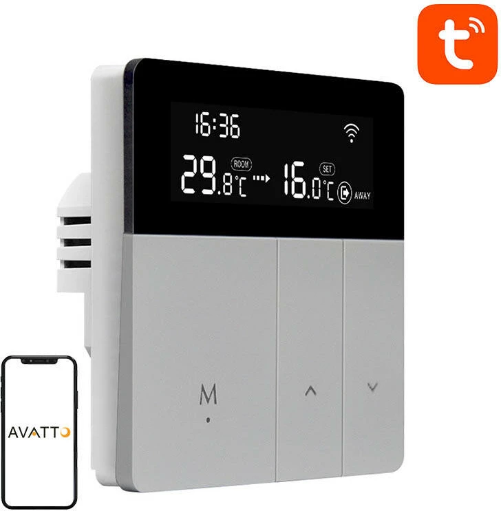 Termostat i mençur Wi‑Fi për bojler DHW, Avatto WT50-BH-3A, 3A, Tuya Smart Life, ekran LCD, gri