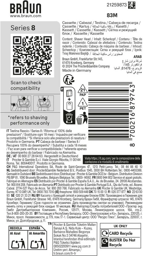 Kokë zëvendësuese Braun Kombipack 83M për makinë rroje Series 8, argjend