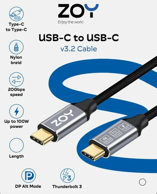 Kabllo USB-C në USB-C ZOY ZCCC1 1m 100W 20Gbps USB 3.2 Gen 2, zi-argjend