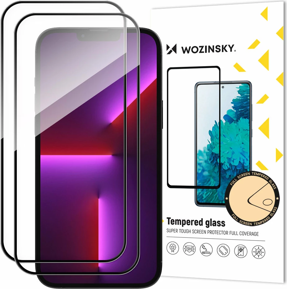 Xham i temperuar Wozinsky Full Glue për iPhone 15, 2 copë, me kornizë të zezë