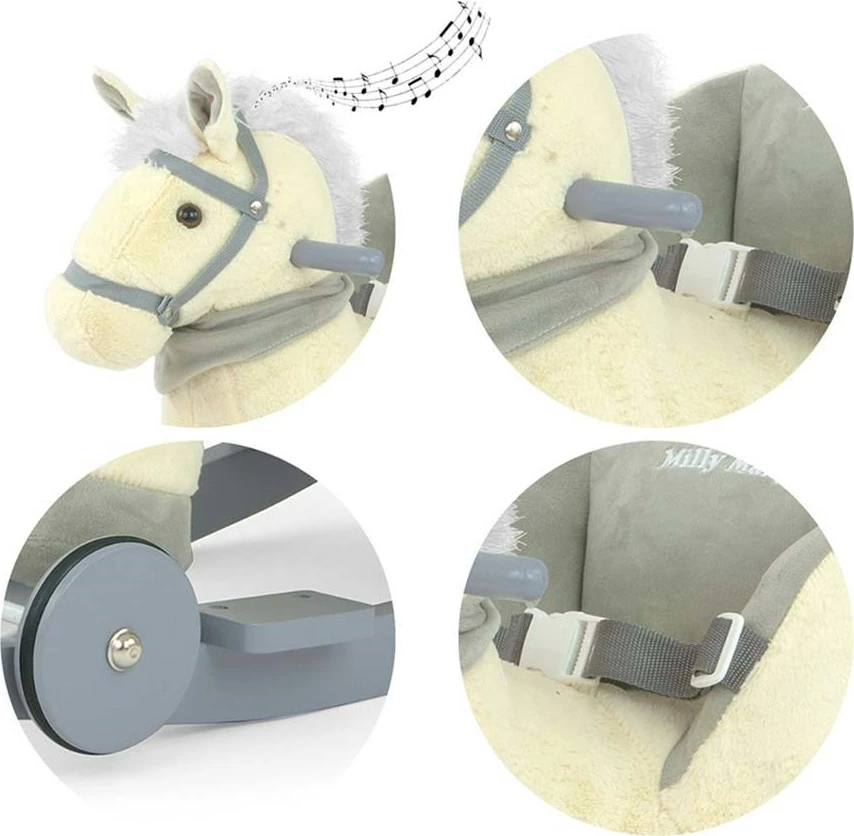 Kalë lëkundës 2-në-1 me melodi dhe rrota, Milly Mally, Polly, karrige me rripa sigurie, deri 30 kg, 12–36 muaj, bezhë