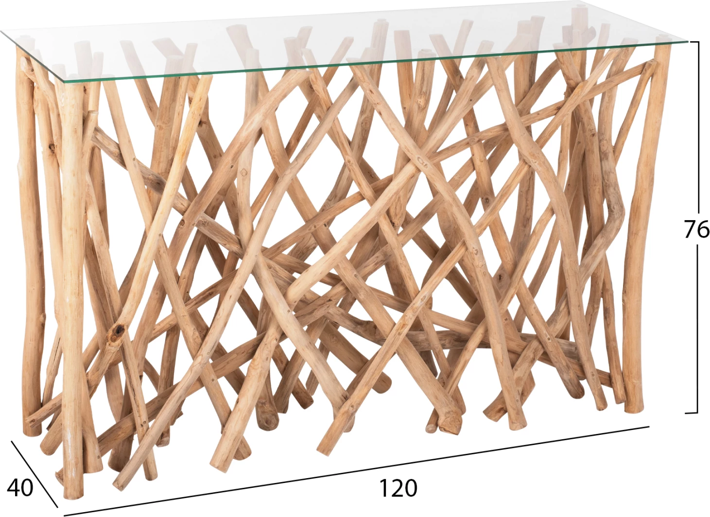 Konsolë në stil rustik, degë teak të ngurta, ngjyrë natyrale & xham, 120x35x75H cm, FH9373