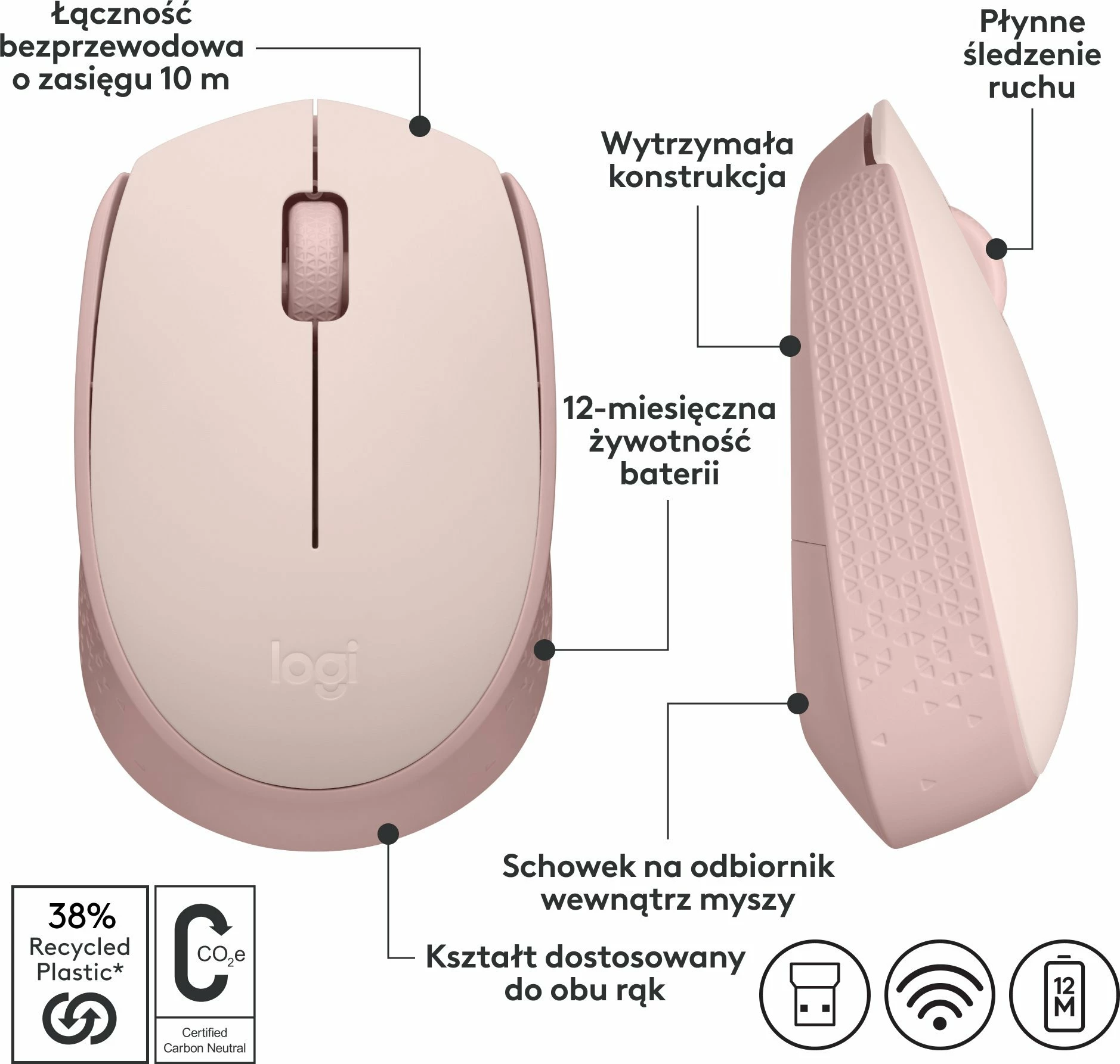 Maus Logitech M171 (910-006865) pa kabllo 2.4GHz 1000 DPI me marrës USB, rozë