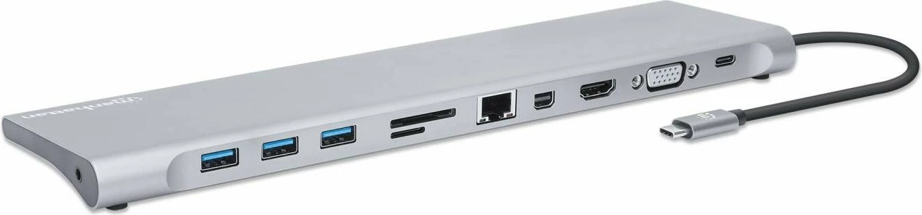 Docking station MANHATTAN USB-C 11in1 MST, për 3 monitorë, argjend