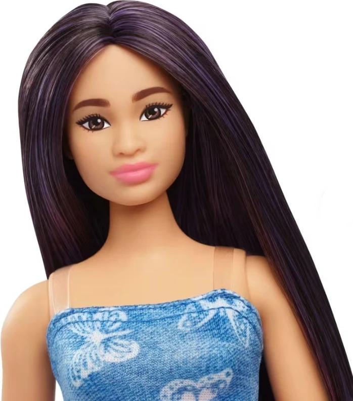 Kukull Barbie Fashionistas Mattel HYT89 me fustan xhins, flokë vjollcë