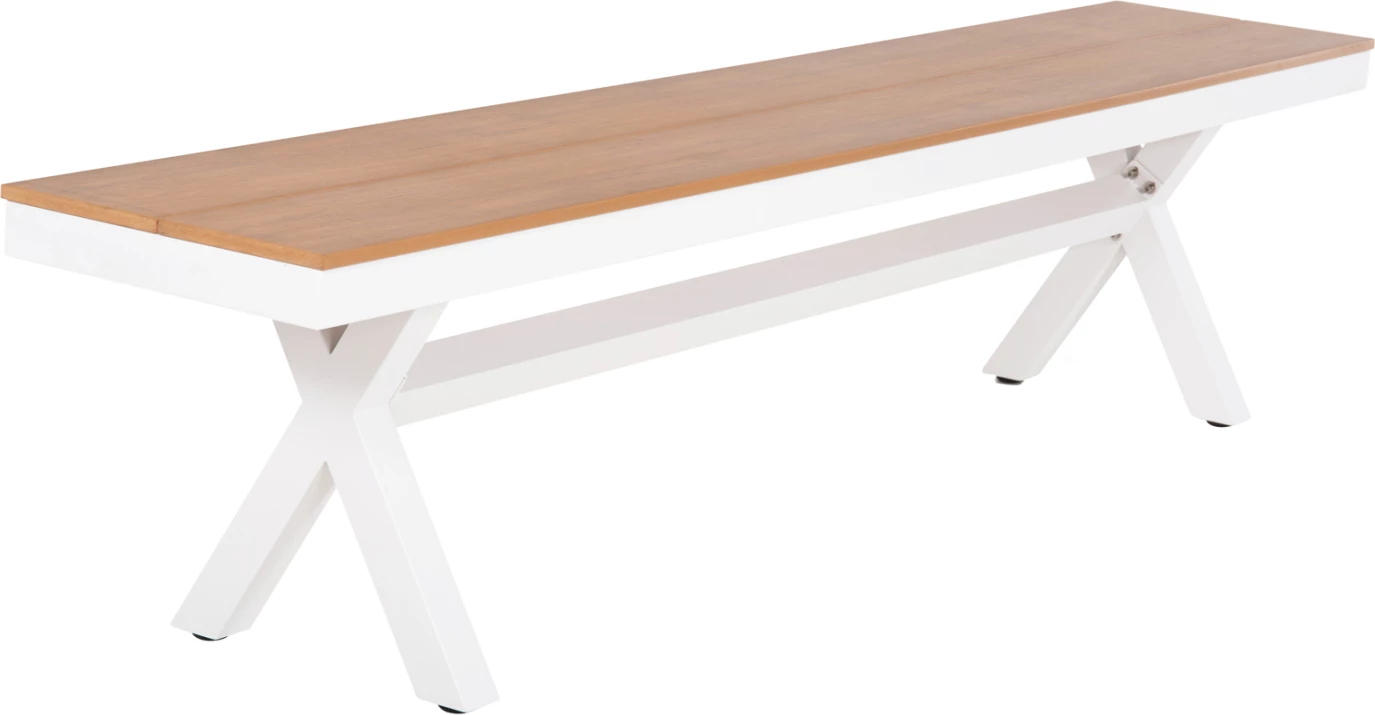 Stol alumini, TAWNEE, FH6038.02, ngjyrë e bardhë, me sipërfaqe tavoline polivudi, ngjyrë druri natyral, 150x36x45 cm