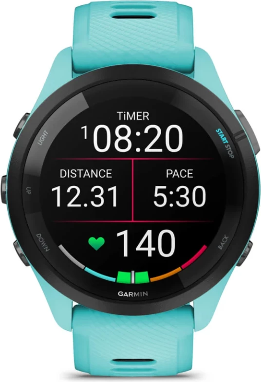 Smartwatch Garmin Forerunner® 265 Black Bezel, Aquamarine Case, Aquamarine/Black Silicone Strap, 46 mm