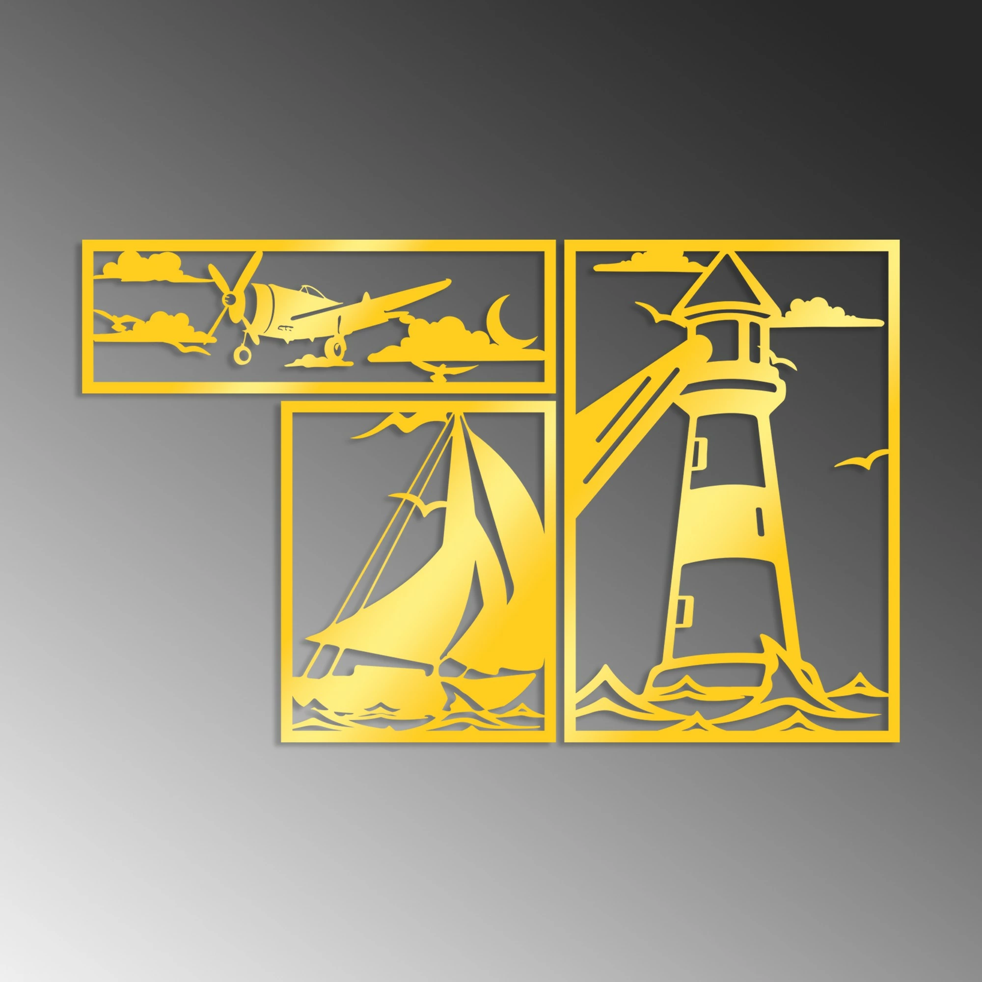 Aksesor dekorativ metalik për mur Wallity, set me tre pjesë, ngjyrë ari, Lighthouse Trio G