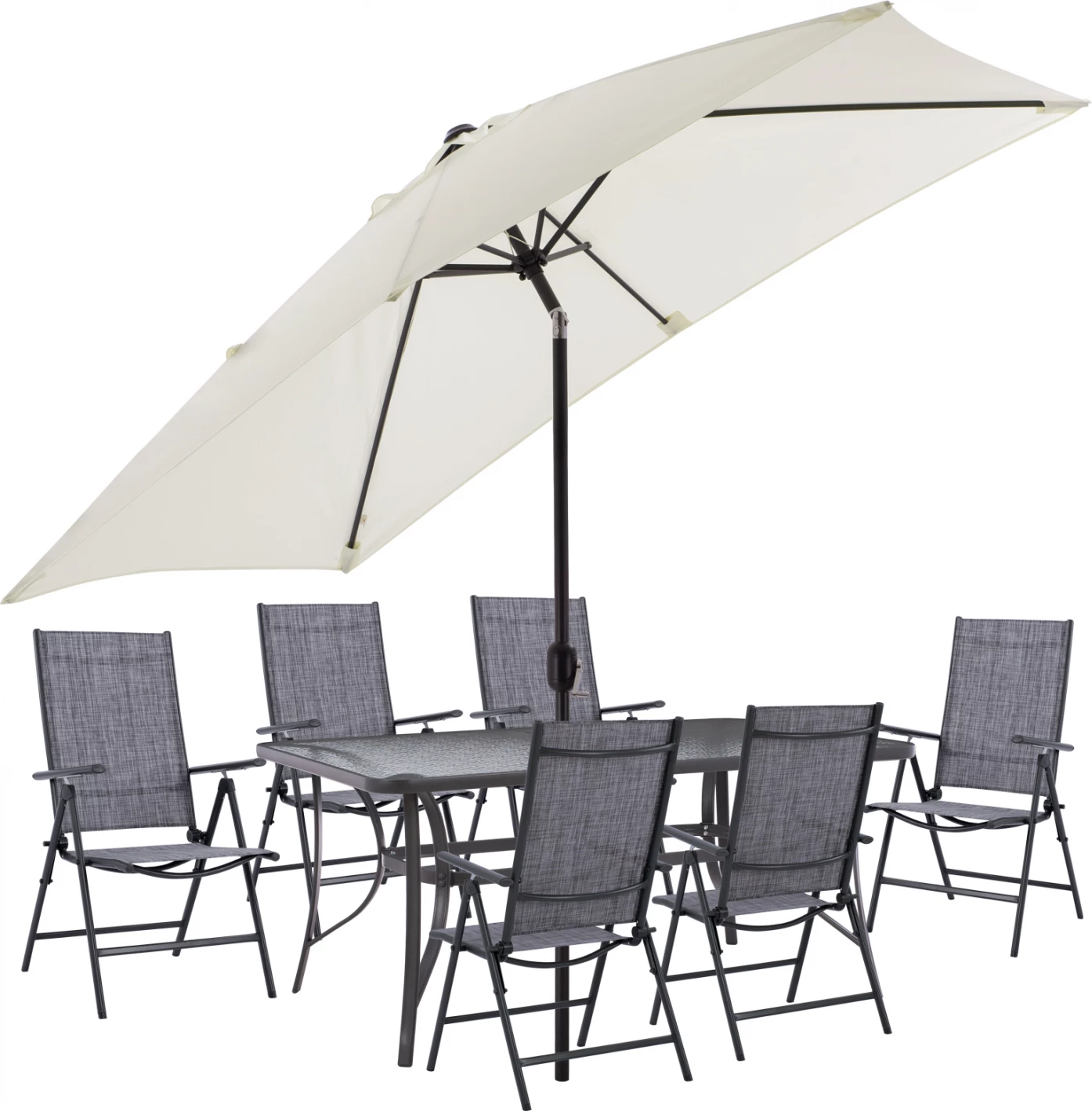 Set për terasë 8 pjese, tavolinë 150x90, karrige të palosshme dhe ombrellë, gri bezhë, FH11480