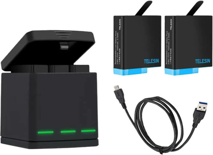 Karikues 3-vendësh Telesin GP-BNC-801 për GoPro Hero 8 me 2 bateri, i zi