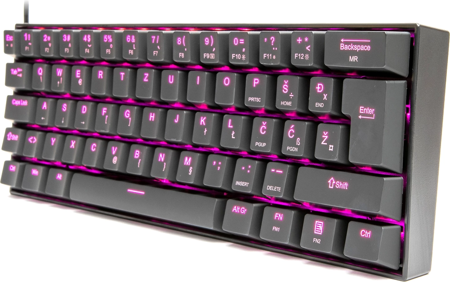 Tastierë mekanike gaming Redragon Dragonborn K630 60% (61 taste), switch Brown, USB-C me kabllo të çmontueshme, ndriçim njëngjyrësh rozë, SLO/CRO, e zezë, set me kabllo & vegël