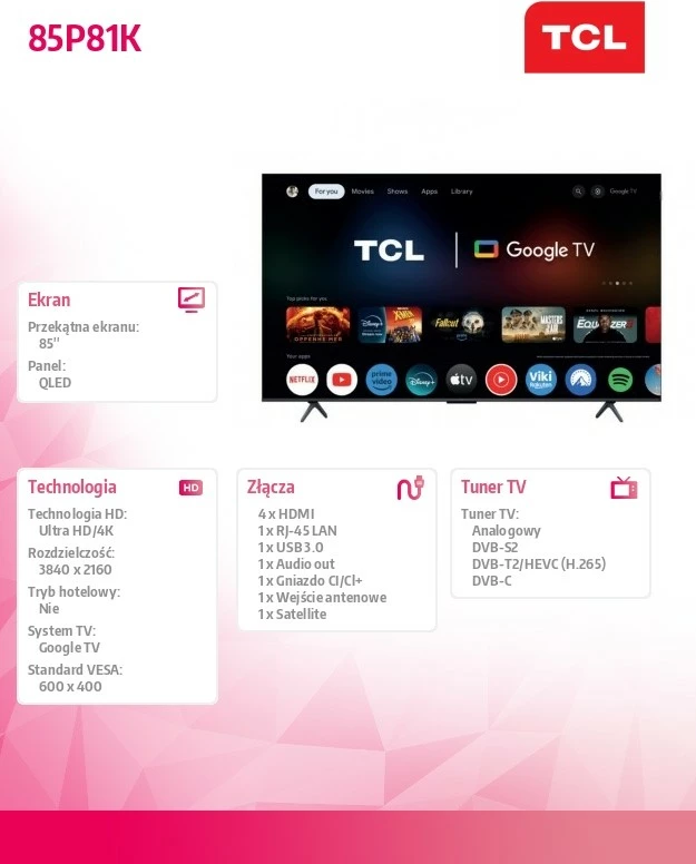 Televizor QLED, TCL, 85P81K, 85" 4K Ultra HD 144Hz, Google TV, Dolby Vision/Atmos, sistem zëri 2.1 ONKYO, Bluetooth