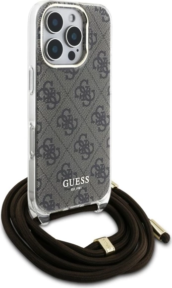 Mbështjellës Guess Crossbody Cord 4G Print për iPhone 16 Pro Max, Kafe