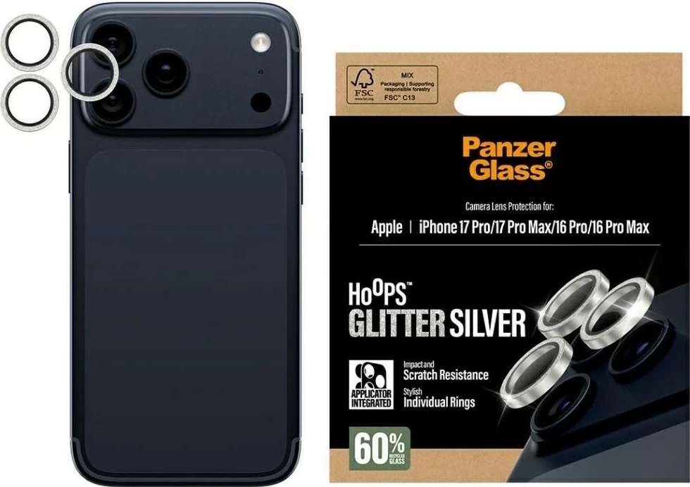 Mbështjellës PanzerGlass Hoops Glitter për kamerë iPhone 16 Pro/16 Pro Max/17 Pro/17 Pro Max, argjendtë