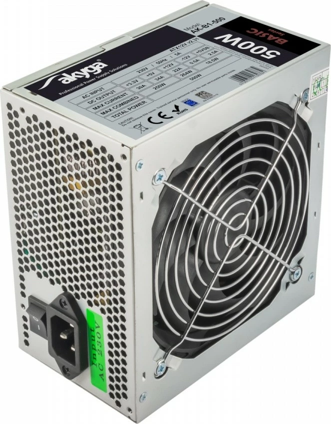 Kasë furnizimi AKYGA AK-B1-500, 500W, ATX, 3x SATA, 2x MOLEX, PCI-E 6+2 pin, 12cm fan