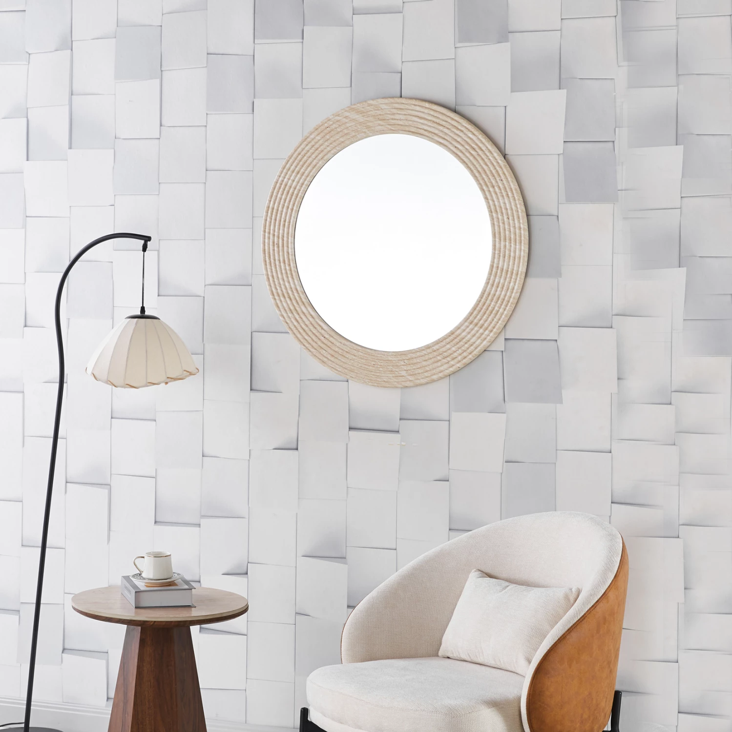 Pasqyrë e rrumbullakët për mur, ngjyrë travertini, MDF me PVC, FH4880, 80cm