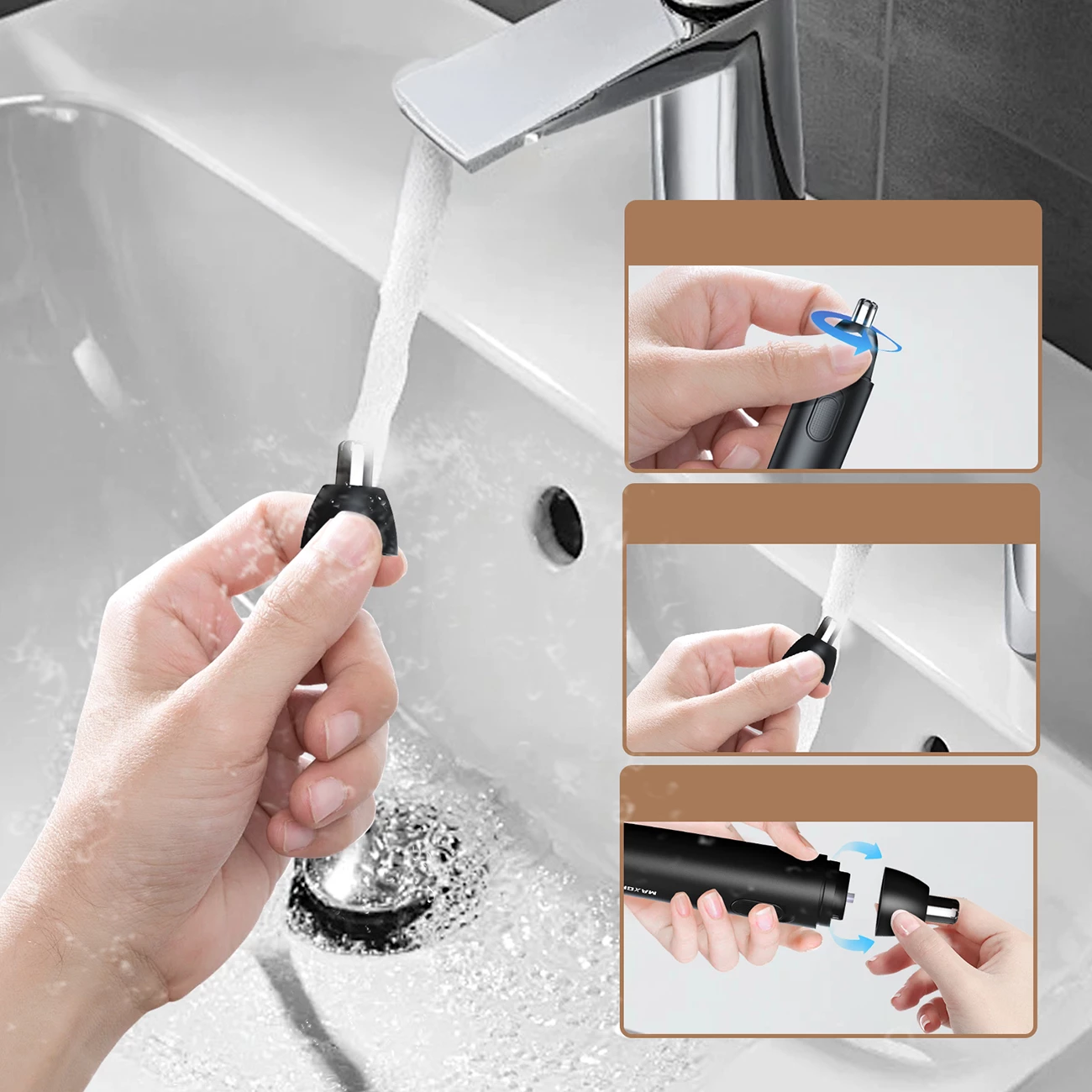 Trimer për hundë, veshë dhe vetulla MAXGROOM GT2220A, karikim USB-C, bateri 120 mAh, 8000 rpm, set me kabllo e kapak, i zi