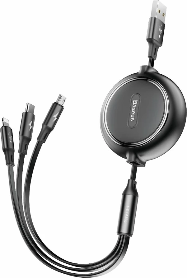 Kabllo zgjatshme 3-në-1 Baseus Golden Loop CAMLT-JH01, USB - micro USB / Lightning / USB-C, 1.2m, e zezë