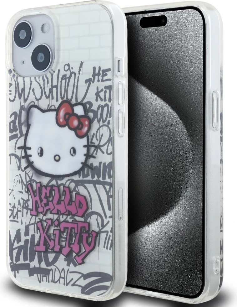 Mbështjellës Hello Kitty IML Kitty On Bricks Graffiti për iPhone 15, Bardhë