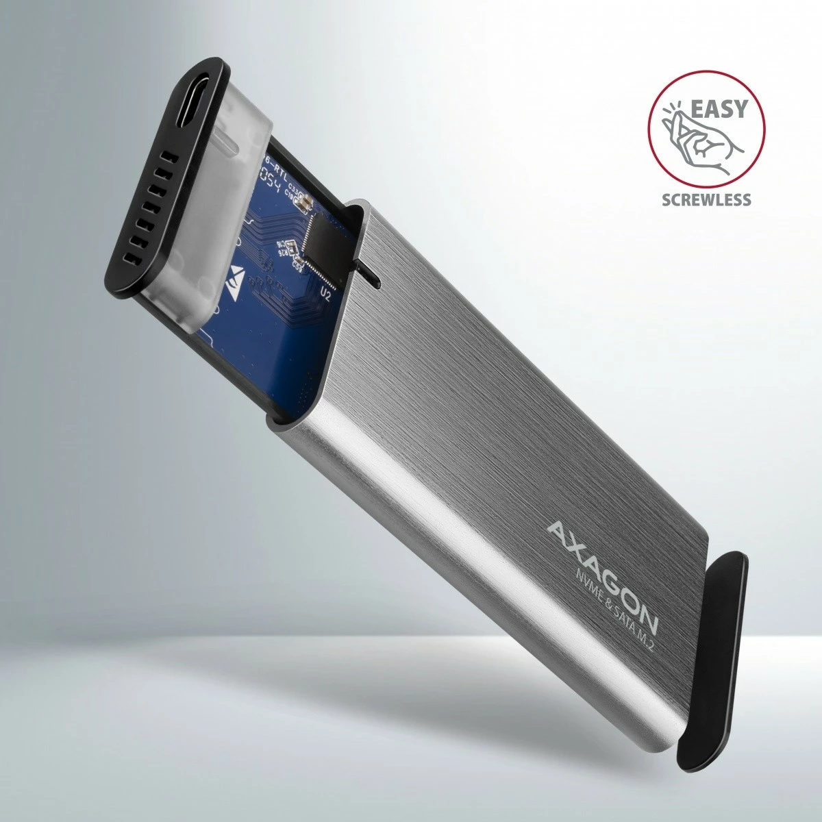 Kasë e jashtme AXAGON EEM2-SG2 për SSD M.2 NVMe & SATA, USB-C 3.2 Gen 2, Alumini, Argjendtë