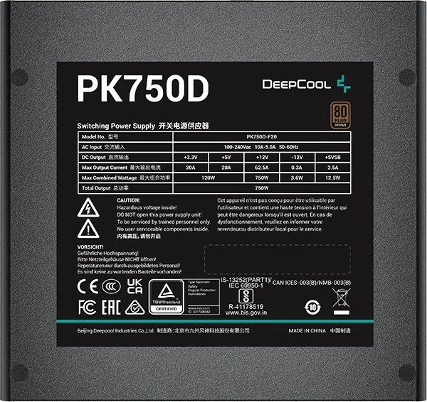 Furnizues i Energjisë DeepCool PK750D, 750 W, 20+4 pin ATX, i Zi
