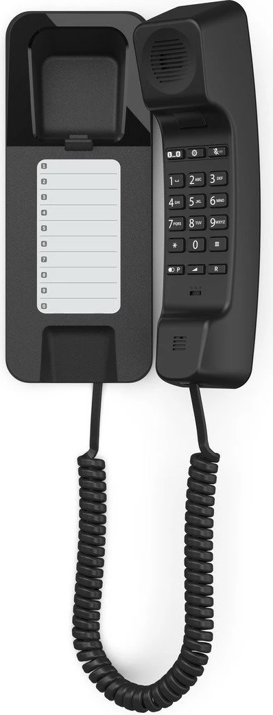 Telefon fiks me kabllo, Gigaset DESK 200, 10 numra shpejtë, montim mur/tryezë, i ushqyer nga linja, i zi